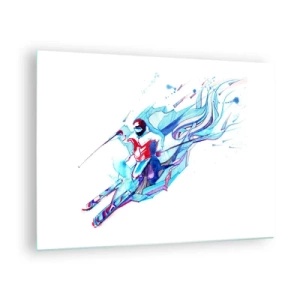 Cuadro sobre vidrio - Impresiones sobre Vidrio - Una figura dinámica de un esquiador en colores abstractos. - 70x50cm - Loca carrera de alegría - Decoración de pared moderna para salón y dormitorio ARTTOR