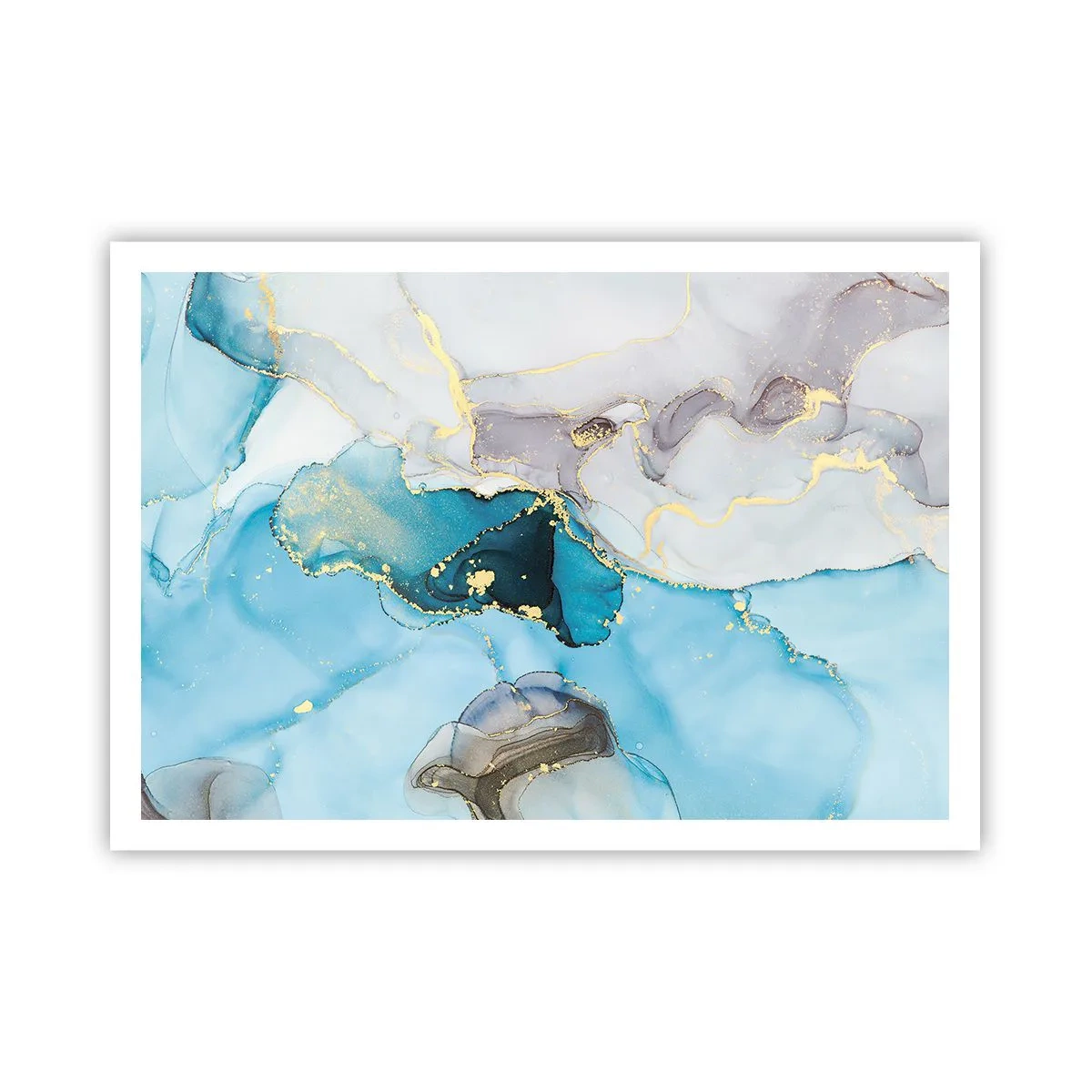 Póster - Abstracción en tonos azules y dorados con líneas sutiles. - 100x70cm - Un estudio del encuentro entre el gris y el turquesa - Decoración de pared moderna para salón y dormitorio ARTTOR