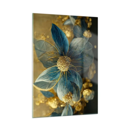 Cuadro sobre vidrio - Impresiones sobre Vidrio - Flores azules y doradas con un toque lujoso. - 50x70cm - Flor de oro - Decoración de pared moderna para salón y dormitorio ARTTOR
