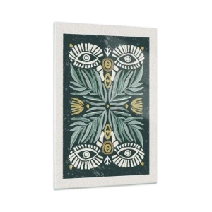 Cuadro sobre vidrio - Impresiones sobre Vidrio - Patrón de planta simétrica sobre un fondo verde. - 70x100cm - Como un recorte folclórico - Decoración de pared moderna para salón y dormitorio ARTTOR