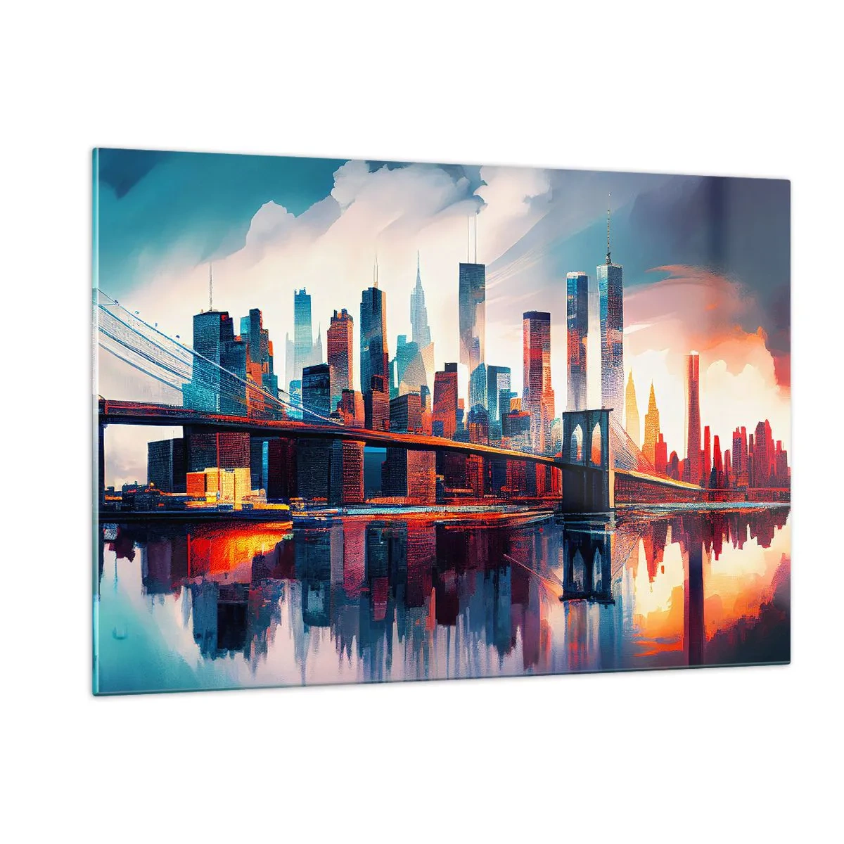 Cuadro sobre vidrio - Impresiones sobre Vidrio - Panorama de la ciudad con un puente contra el cielo colorido y reflejo en el agua. - 120x80cm - Nueva York siempre luce - Decoración de pared moderna para salón y dormitorio ARTTOR