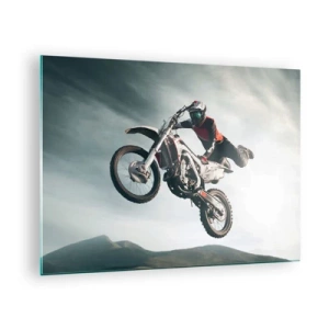 Cuadro sobre vidrio - Impresiones sobre Vidrio - Un motociclista realiza acrobacias en el aire con montañas al fondo. - 70x50cm - No hay diversión sin riesgo - Decoración de pared moderna para salón y dormitorio ARTTOR