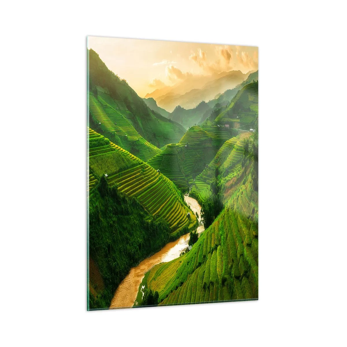 Cuadro sobre vidrio - Impresiones sobre Vidrio - Pintorescas terrazas de arroz en el valle al atardecer - 50x70cm - Valle vietnamita - Decoración de pared moderna para salón y dormitorio ARTTOR