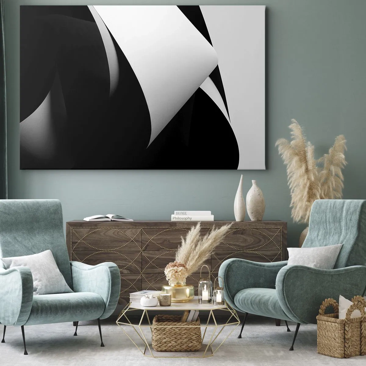 Cuadro sobre lienzo - Impresión de Imagen - Formas abstractas en blanco y negro con contrastes llamativos. - 70x50cm - Planos de luz desde las profundidades de la sombra - Decoración de pared moderna para salón y dormitorio ARTTOR