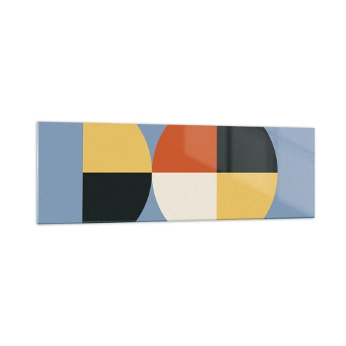 Cuadro sobre vidrio - Impresiones sobre Vidrio - Círculos geométricos sobre un fondo azul. - 160x50cm - Mira y cuenta - Decoración de pared moderna para salón y dormitorio ARTTOR
