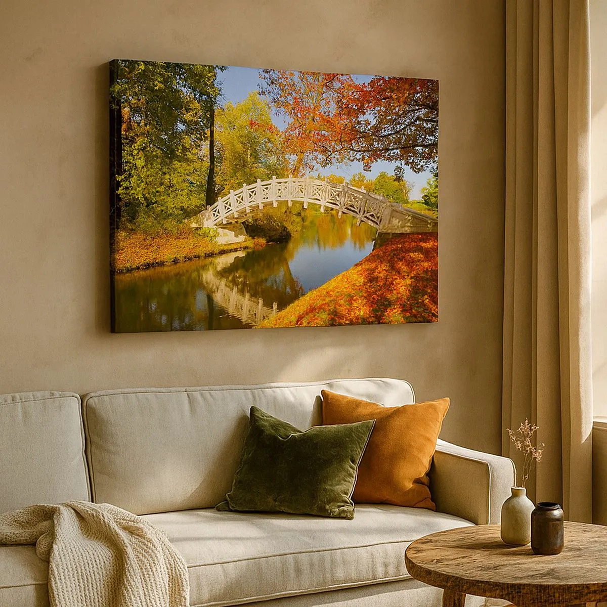 Cuadro sobre lienzo - Impresión de Imagen - Un puente en un parque rodeado de hojas otoñales sobre aguas tranquilas. - 70x50cm - En un puente blanco de suspiros - Decoración de pared moderna para salón y dormitorio ARTTOR