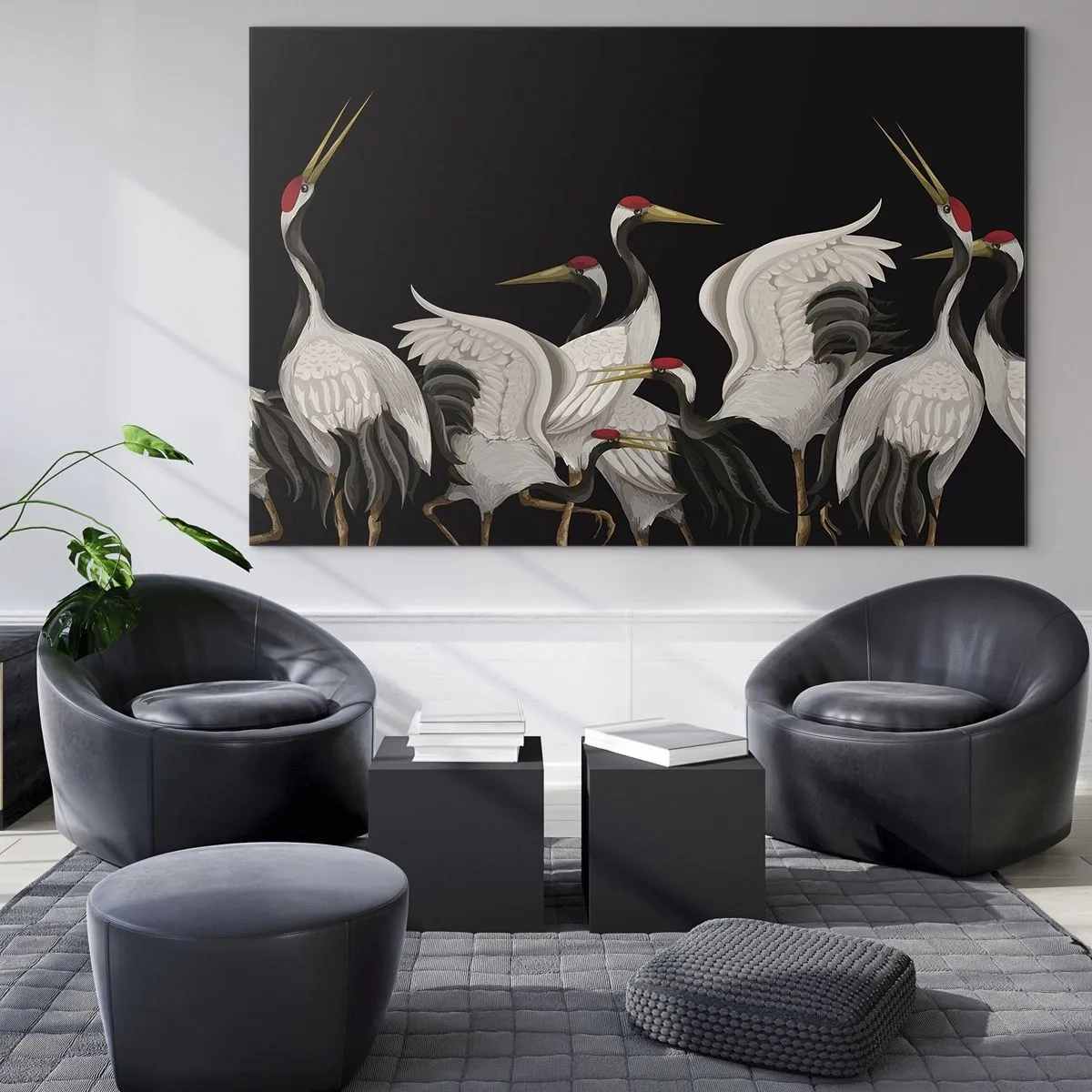 Cuadro sobre vidrio - Impresiones sobre Vidrio - Grullas blancas con cabezas rojas sobre fondo negro - 100x70cm - Asuntos de aves - Decoración de pared moderna para salón y dormitorio ARTTOR