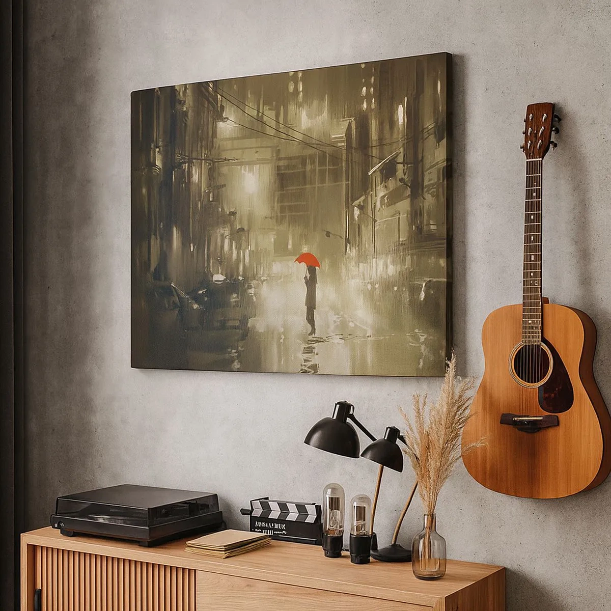 Cuadro sobre lienzo - Impresión de Imagen - Una figura con un paraguas rojo en una ciudad lluviosa. - 70x50cm - Soledad en la urbe - Decoración de pared moderna para salón y dormitorio ARTTOR