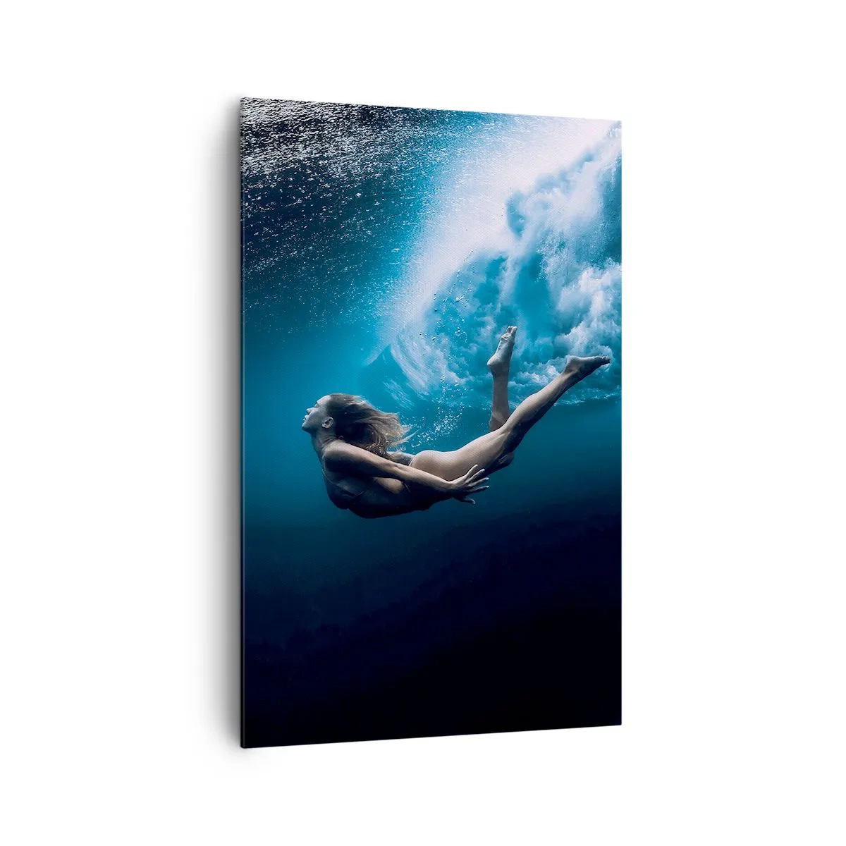 Cuadro sobre lienzo - Impresión de Imagen - Fotografía submarina con una mujer y burbujas de aire. - 80x120cm - Una sirena contemporánea - Decoración de pared moderna para salón y dormitorio ARTTOR
