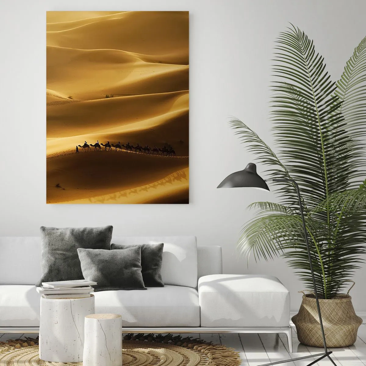 Cuadro sobre vidrio - Impresiones sobre Vidrio - Una caravana de camellos vagando por las dunas doradas del desierto. - 80x120cm - Caravana sobre las olas del desierto - Decoración de pared moderna para salón y dormitorio ARTTOR