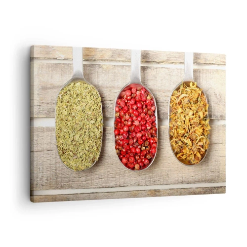 Cuadro sobre lienzo - Impresión de Imagen - Tres cucharas de metal con especias sobre un fondo de madera. - 70x50cm - La magia de la cocina - Decoración de pared moderna para salón y dormitorio ARTTOR