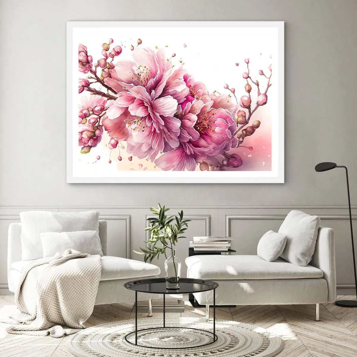 Póster en marco blanco - Flor de cerezo - 100x70 cm