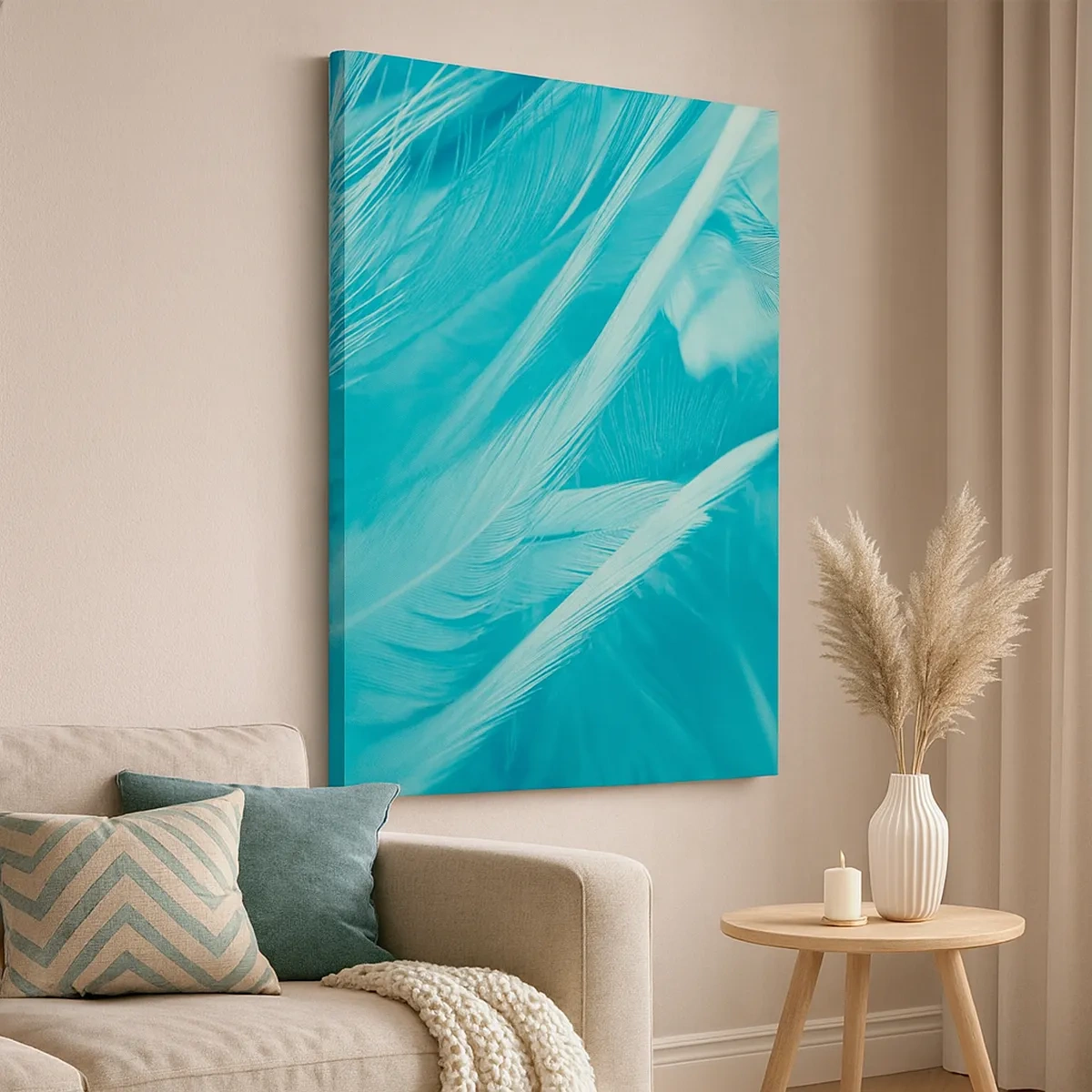 Cuadro sobre lienzo - Impresión de Imagen - Delicadas plumas turquesas en primer plano - 50x70cm - Un manto real - Decoración de pared moderna para salón y dormitorio ARTTOR