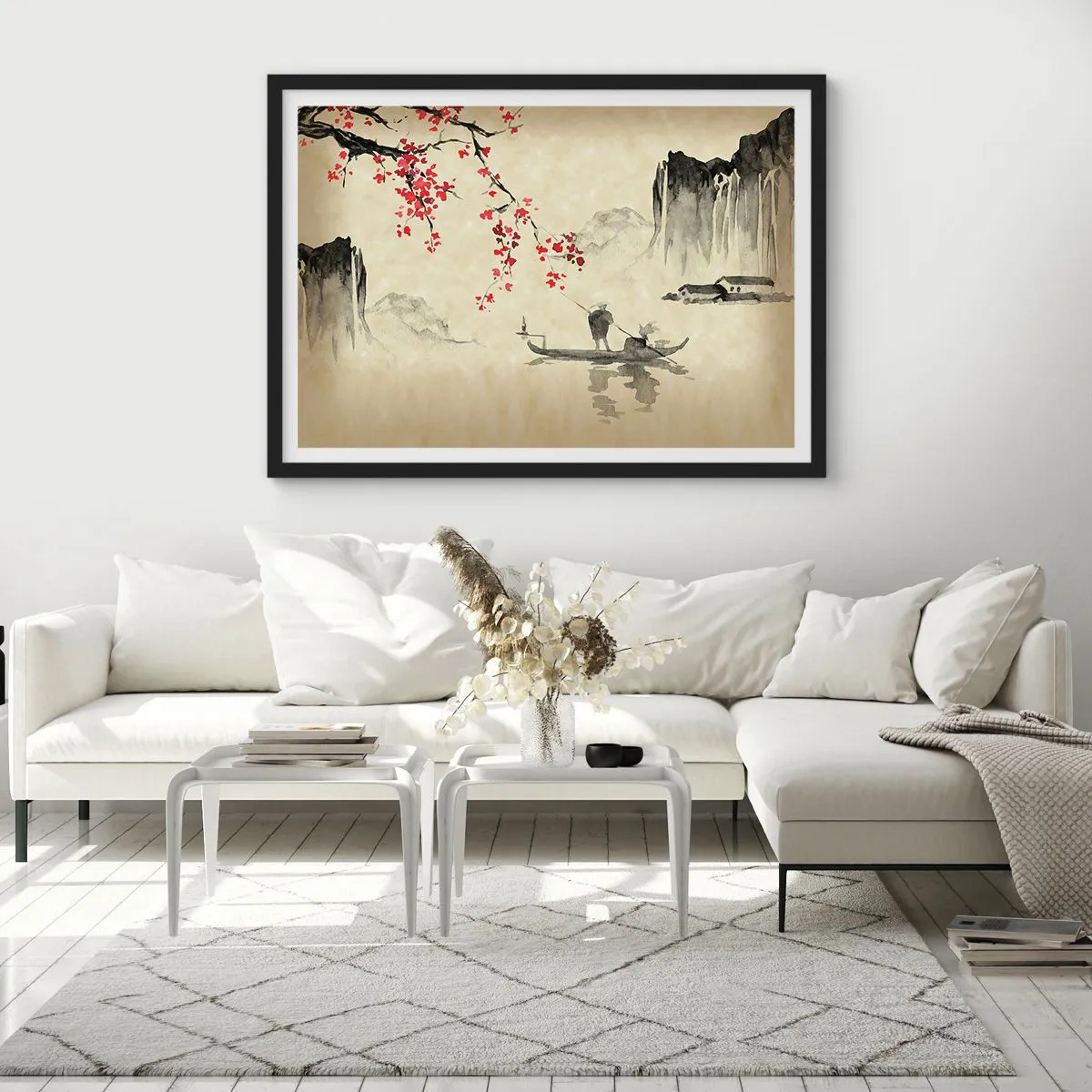 Póster en marco negro - Ilustración oriental con un barco y una rama floreciente. - 100x70cm - En el país de los cerezos en flor - Decoración de pared moderna para salón y dormitorio ARTTOR