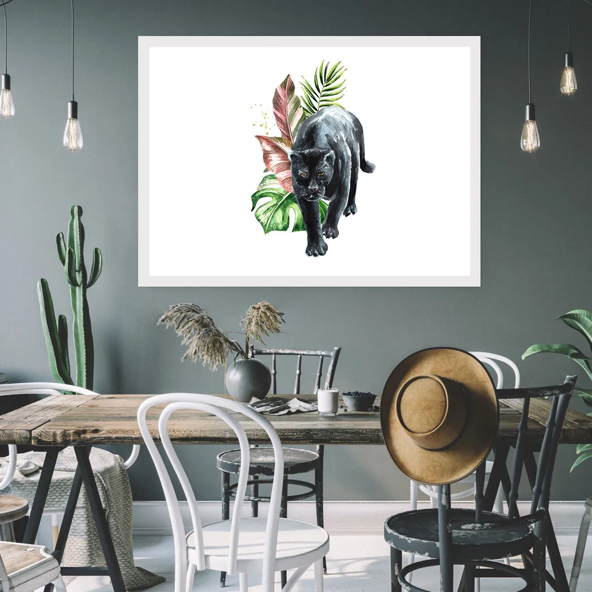 Póster - Pantera negra rodeada de hojas tropicales - 100x70cm - Salvaje de corazón - Decoración de pared moderna para salón y dormitorio ARTTOR