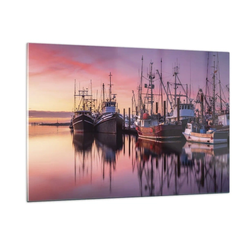 Cuadro sobre vidrio - Impresiones sobre Vidrio - Barcos de pesca al atardecer en un puerto tranquilo - 120x80cm - Descanso antes de partir - Decoración de pared moderna para salón y dormitorio ARTTOR