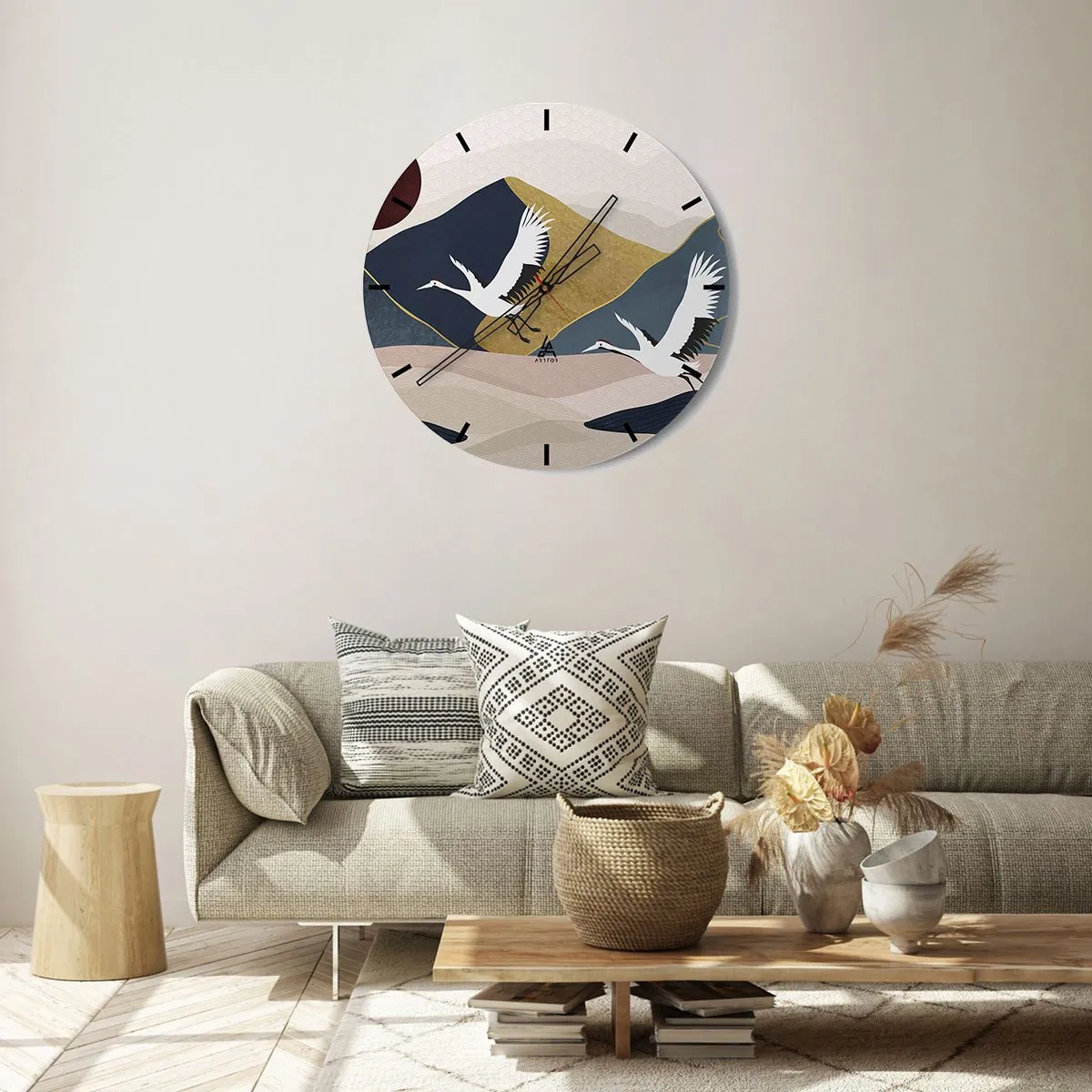 Reloj de pared - Reloj de vidrio - Grúas en vuelo con el telón de fondo de montañas abstractas y el sol. - 30x30cm - Y el día ha vuelto a pasar volando - Decoración de pared moderna para salón, cocina y dormitorio ARTTOR