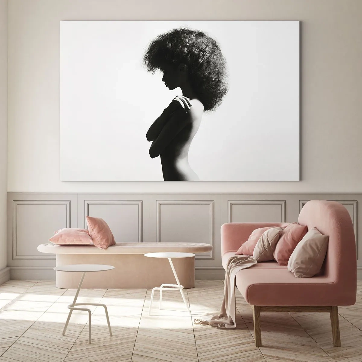 Cuadro sobre vidrio - Impresiones sobre Vidrio - Desnudo femenino en luz contrastante en blanco y negro - 70x50cm - Como una flor en un tallo delgado - Decoración de pared moderna para salón y dormitorio ARTTOR