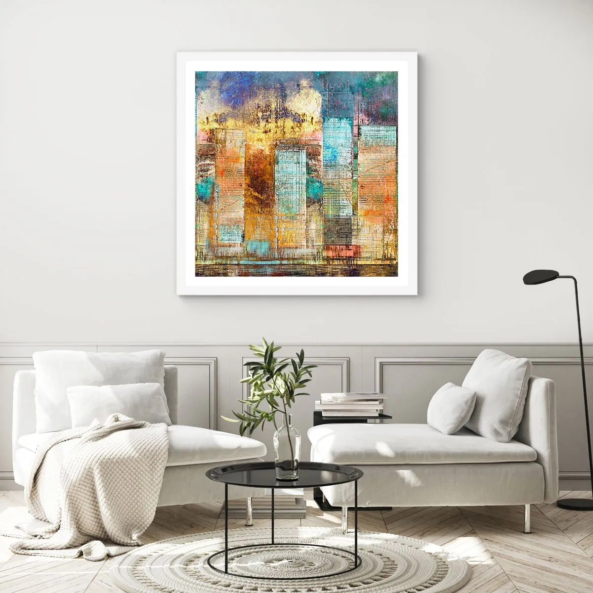 Póster en marco blanco - Metrópolis soleada - 40x40 cm
