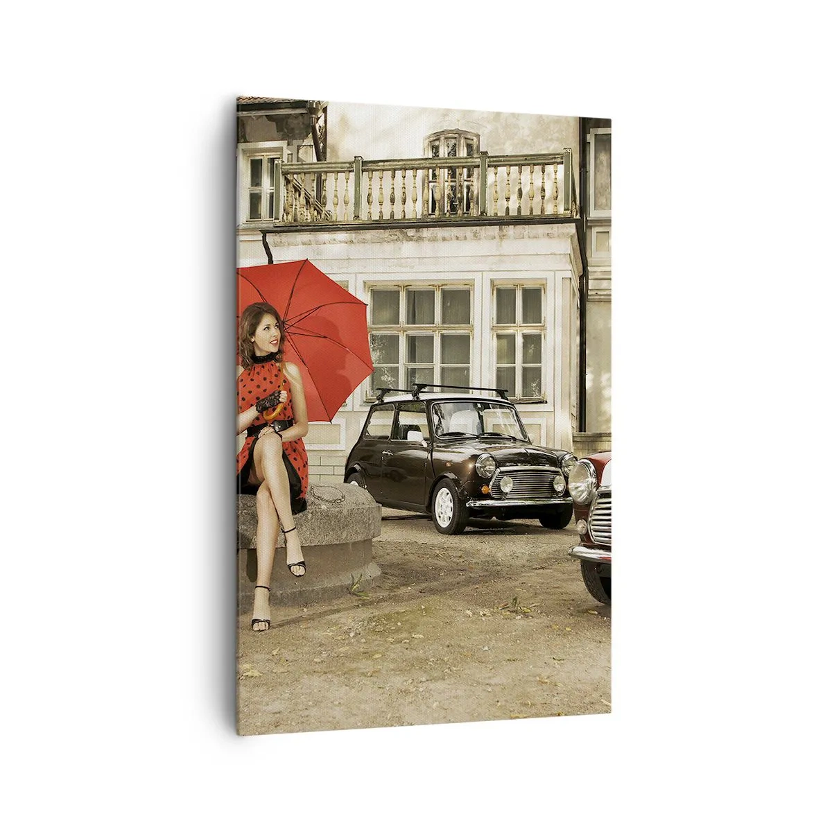 Cuadro sobre lienzo - Impresión de Imagen - Mujer con un paraguas rojo junto a coches clásicos - 80x120cm - Un mini viaje sentimental - Decoración de pared moderna para salón y dormitorio ARTTOR