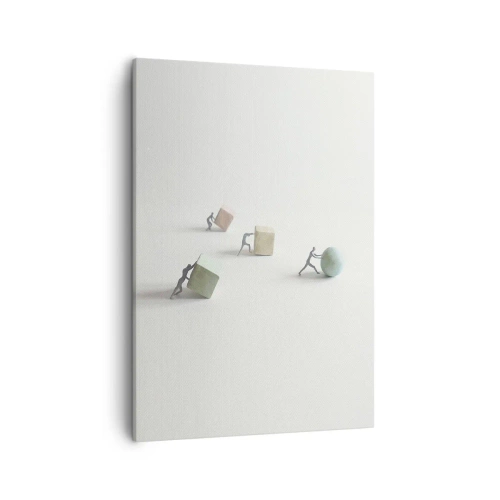 Cuadro sobre lienzo - Impresión de Imagen - Figuras en miniatura que empujan formas contra un fondo claro. - 50x70cm - El avance de la geometría - Decoración de pared moderna para salón y dormitorio ARTTOR