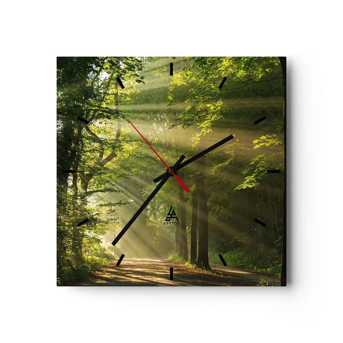 Reloj de pared - Reloj de vidrio - Camino forestal con rayos de sol brillando a través de los árboles. - 30x30cm - Un momento en el bosque - Decoración de pared moderna para salón y dormitorio ARTTOR