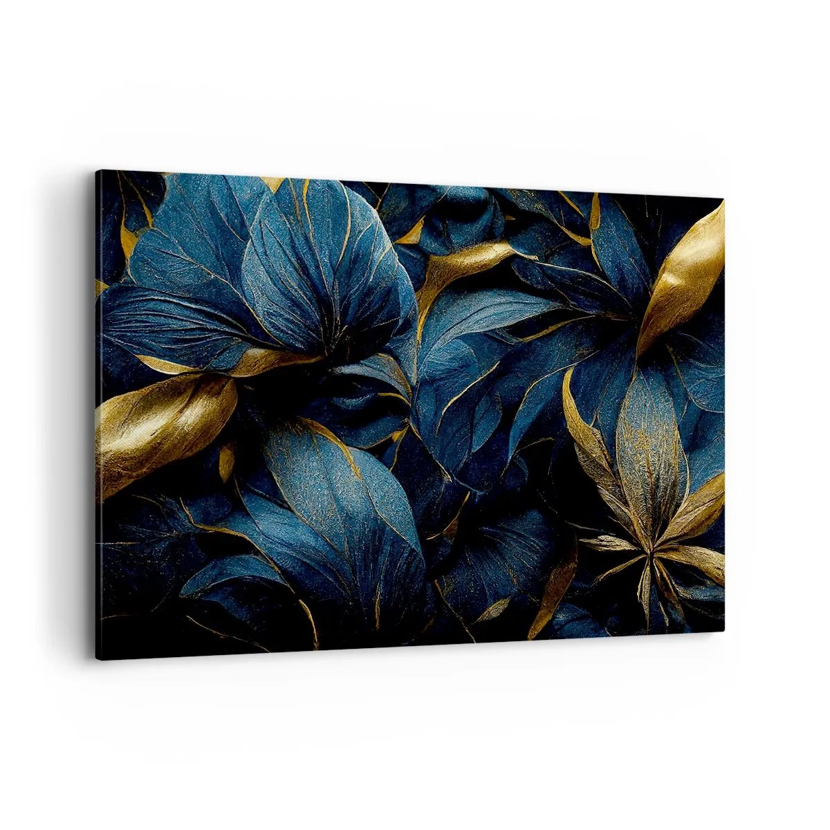 Cuadro sobre lienzo - Impresión de Imagen - Hojas elegantes en tonos dorados y azul marino. - 120x80cm - Forradas de oro - Decoración de pared moderna para salón y dormitorio ARTTOR