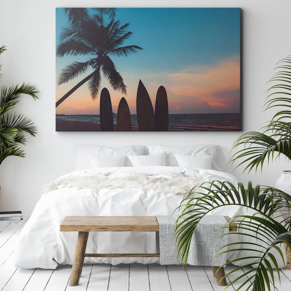 Cuadro sobre lienzo - Impresión de Imagen - Tablas de surf con una palmera y una puesta de sol como telón de fondo - 100x70cm - Mañana también disfrutaremos - Decoración de pared moderna para salón y dormitorio ARTTOR
