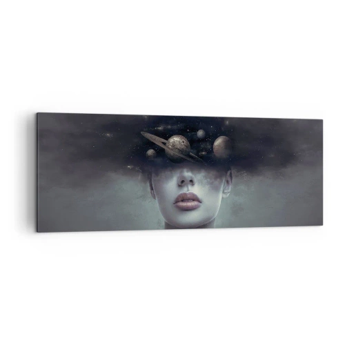 Cuadro sobre lienzo - Impresión de Imagen - Un rostro de mujer con un motivo de planeta y espacio en el fondo. - 140x50cm - Y los planetas sienten... - Decoración de pared moderna para salón y dormitorio ARTTOR