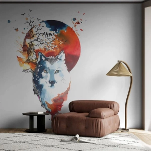 Fotomural Premium Sand - Un lobo contra la luna en estilo acuarela. - 100x70cm - El acecho nocturno - Decoración de pared moderna para salón y dormitorio ARTTOR