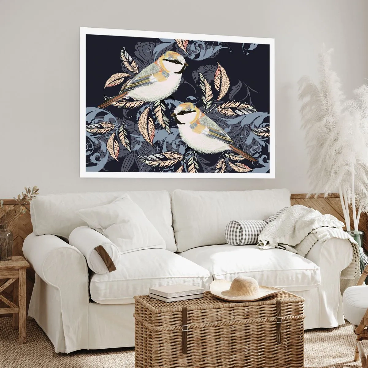Póster - Pájaros en ramas sobre un fondo ornamental. - 100x70cm - En la copa del árbol - Decoración de pared moderna para salón y dormitorio ARTTOR