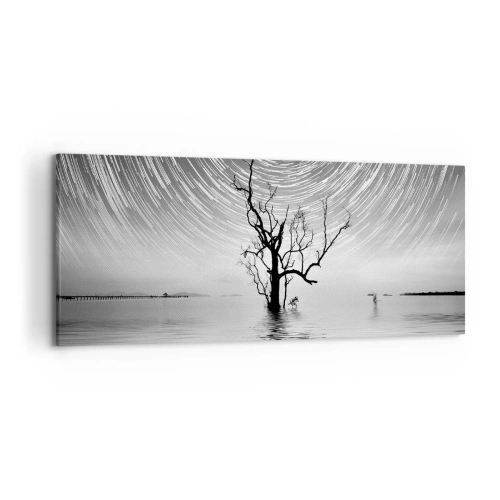 Cuadro sobre lienzo - Impresión de Imagen - Un árbol en el agua bajo un cielo nocturno con estrellas en movimiento. - 120x50cm - Una sinfonía de la naturaleza - Decoración de pared moderna para salón y dormitorio ARTTOR