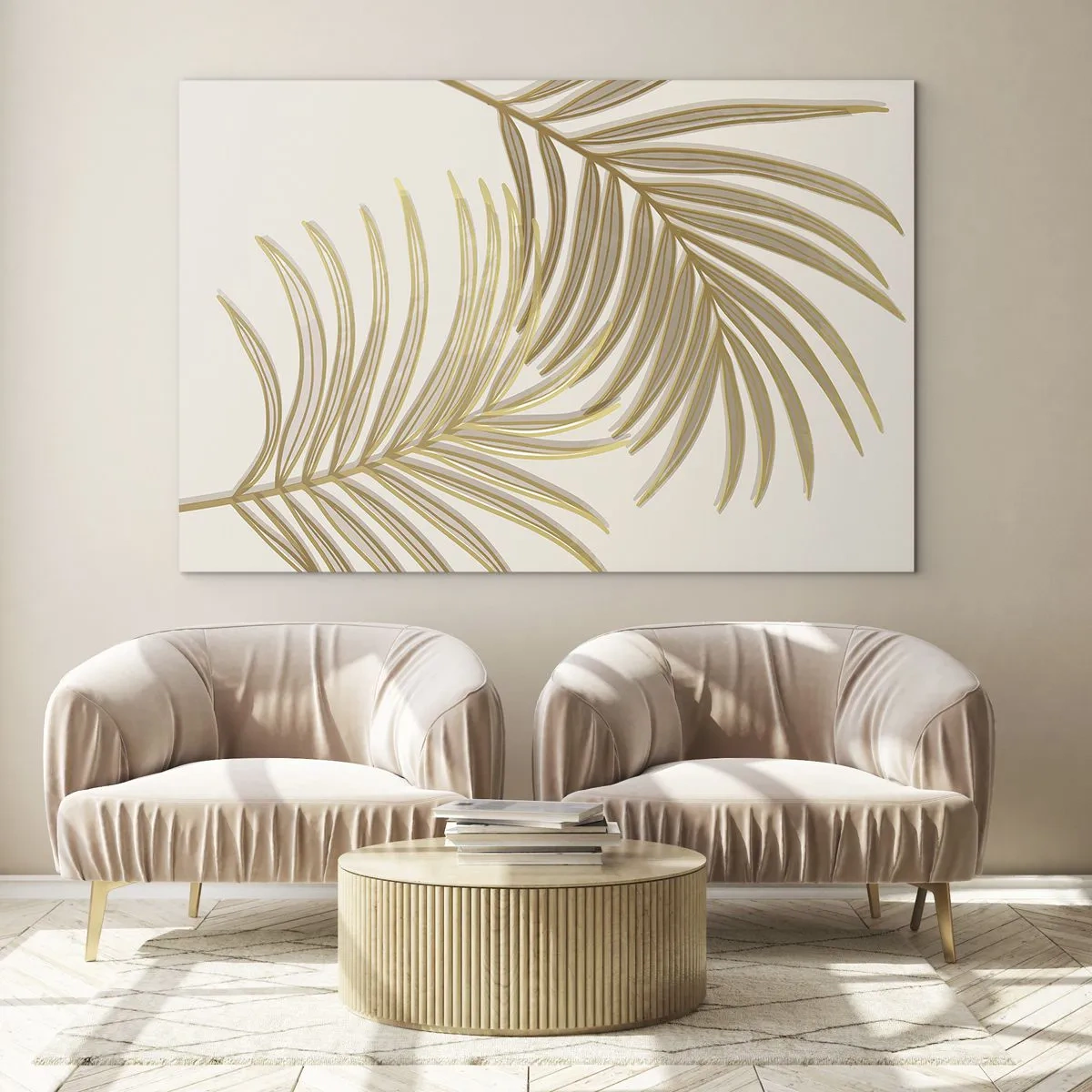 Cuadro sobre vidrio - Impresiones sobre Vidrio - Hojas de palma doradas sobre un fondo claro. - 120x80cm - Palma de Oro - Decoración de pared moderna para salón y dormitorio ARTTOR