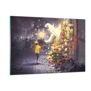 Cuadro sobre vidrio - Impresiones sobre Vidrio - Un niño con una camiseta clara en un puesto luminoso lleno de dulces coloridos. - 120x80cm - Los hechizos existen - Decoración de pared moderna para salón y dormitorio ARTTOR