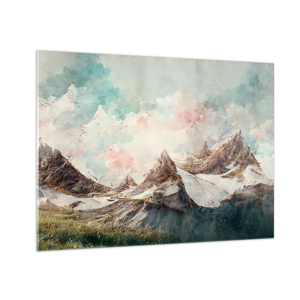 Cuadro sobre vidrio - Impresiones sobre Vidrio - Pintorescos picos de montaña con cielos pastel - 70x50cm - Filos rocosos - Decoración de pared moderna para salón y dormitorio ARTTOR