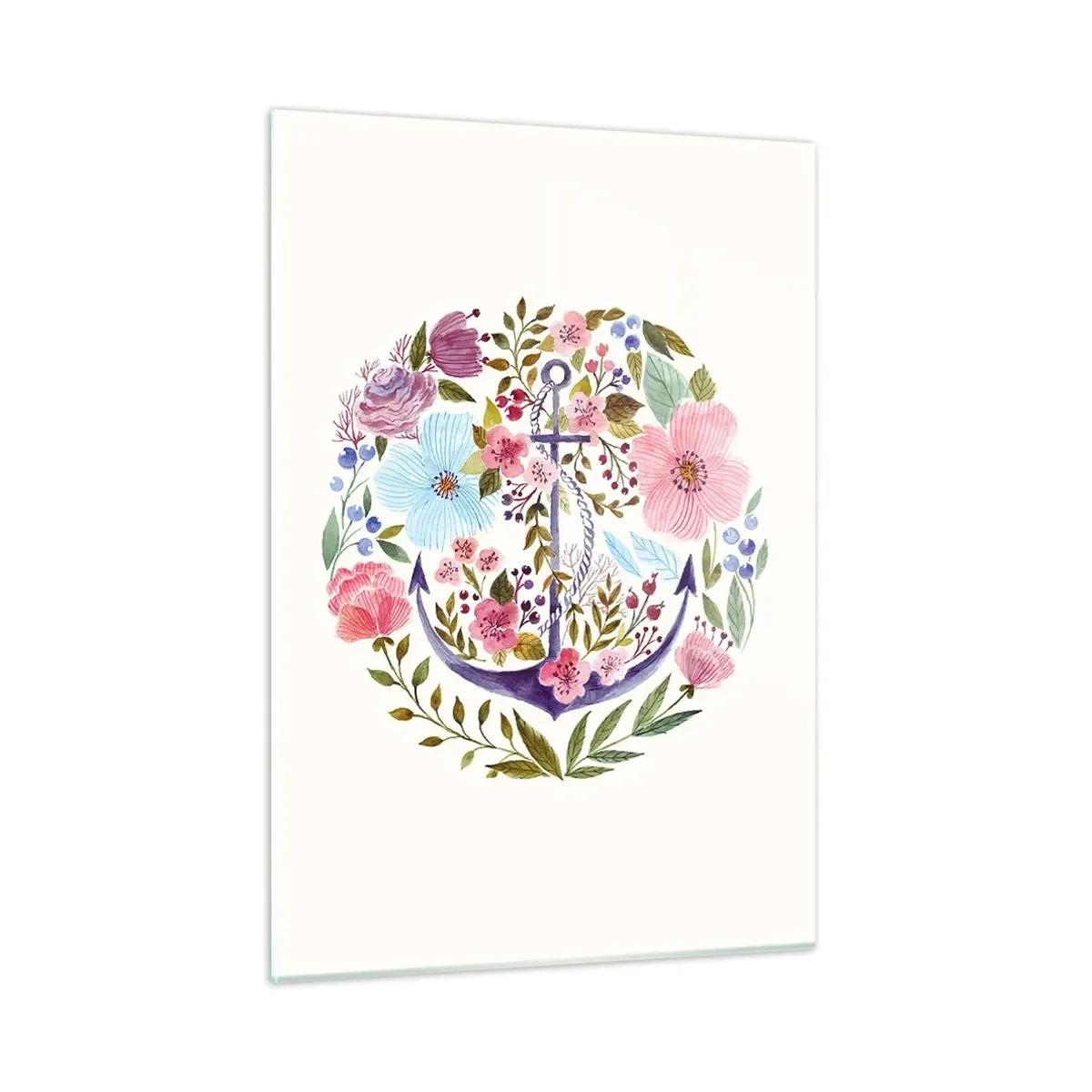 Cuadro sobre vidrio - Impresiones sobre Vidrio - Un ancla rodeada de coloridas flores de acuarela. - 50x70cm - El sueño reparador de un marinero - Decoración de pared moderna para salón y dormitorio ARTTOR