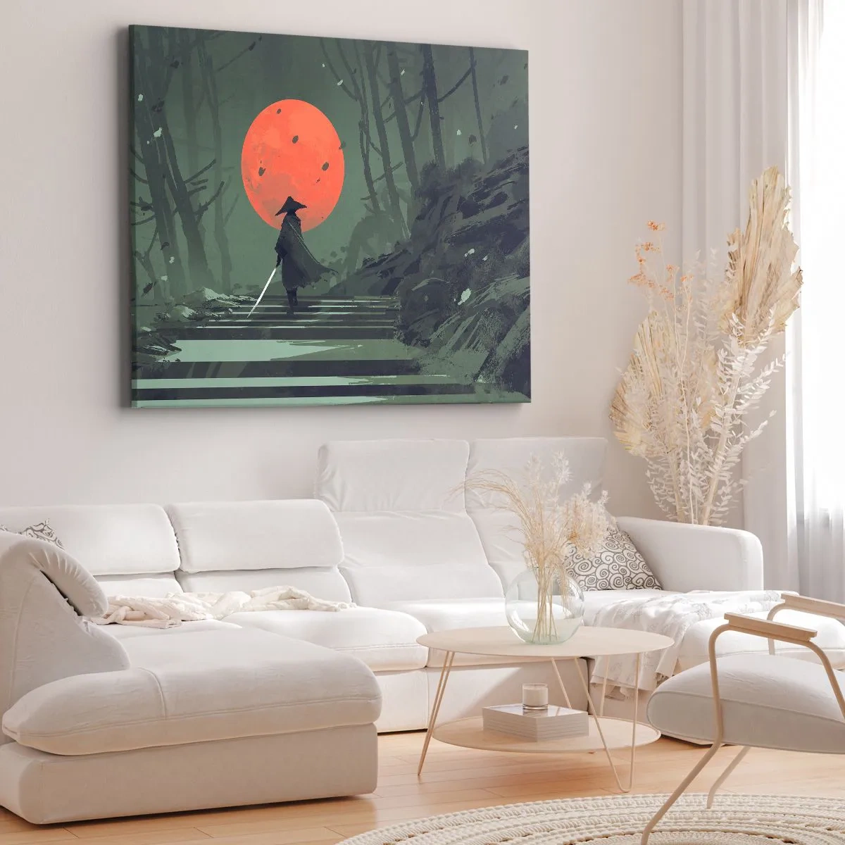 Cuadro sobre lienzo - Impresión de Imagen - Un guerrero solitario con una espada contra el fondo de una luna roja en un bosque oscuro. - 70x50cm - Guerrero de la luna roja - Decoración de pared moderna para salón y dormitorio ARTTOR