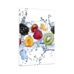 Cuadro sobre vidrio - Impresiones sobre Vidrio - Frutas coloridas sumergidas en salpicaduras de agua sobre un fondo blanco - 70x100cm - Juega con nosotros - Decoración de pared moderna para salón y dormitorio ARTTOR