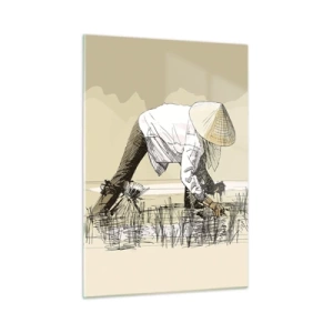 Cuadro sobre vidrio - Impresiones sobre Vidrio - Una ilustración minimalista de agricultores trabajando. - 50x70cm - De una cosecha exitosa - Decoración de pared moderna para salón y dormitorio ARTTOR