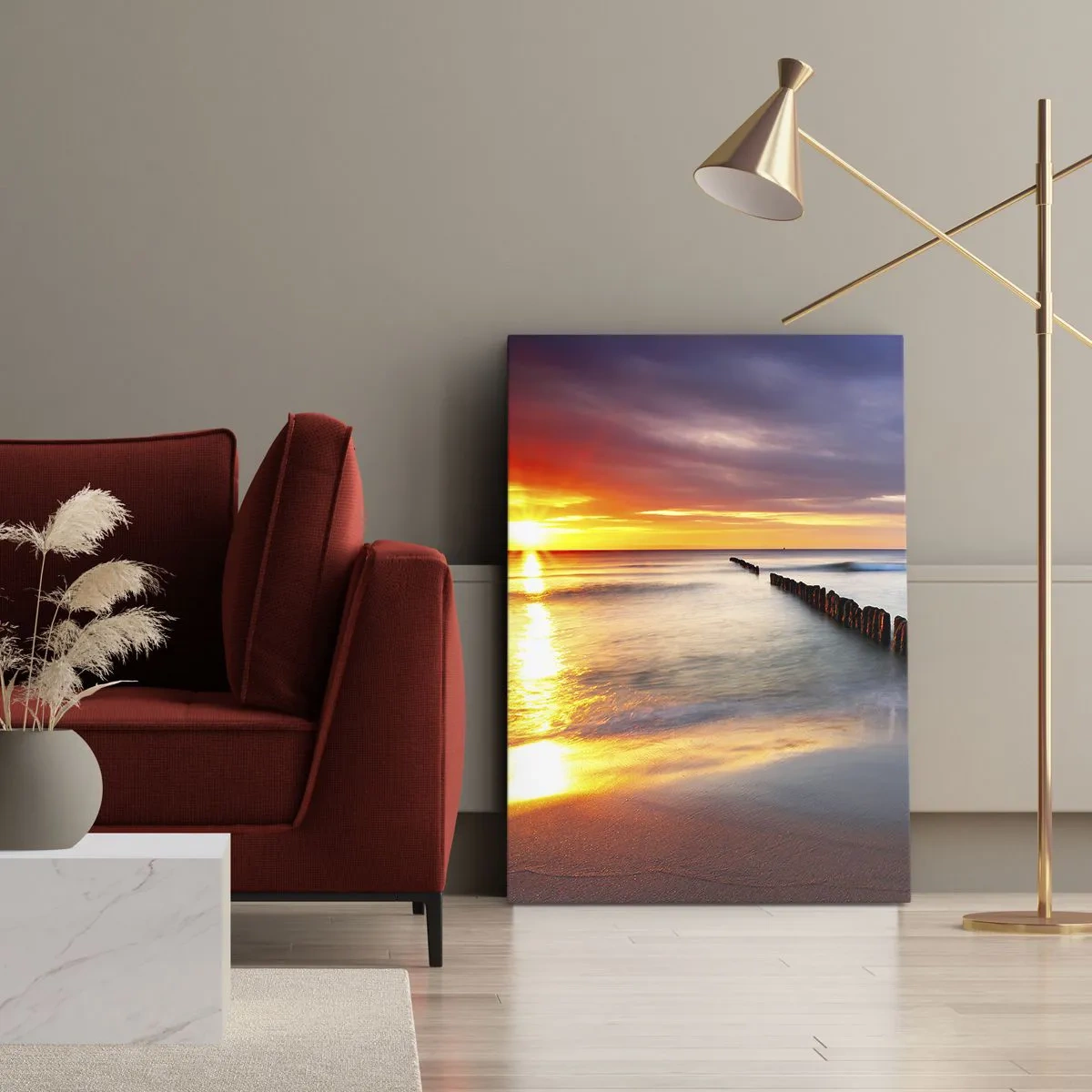 Cuadro sobre lienzo - Impresión de Imagen - Puesta de sol sobre el mar con un rompeolas en primer plano - 50x70cm - Escuchar el silencio - Decoración de pared moderna para salón y dormitorio ARTTOR