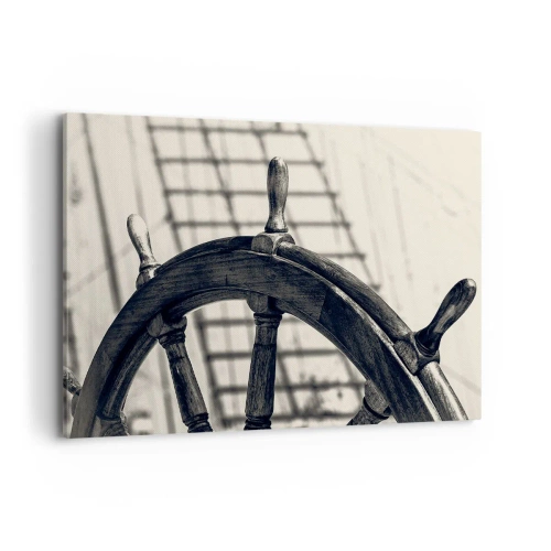 Cuadro sobre lienzo - Impresión de Imagen - Un timón de vela de estilo retro con un barco al fondo. - 100x70cm - Un cuento marino - Decoración de pared moderna para salón y dormitorio ARTTOR