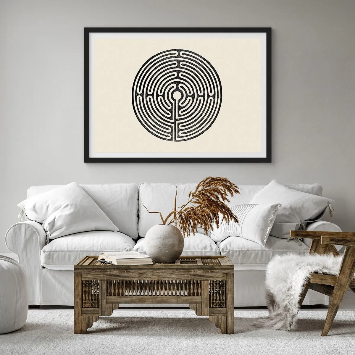 Póster en marco negro - Laberinto circular en blanco y negro sobre un fondo claro - 70x50cm - Orden misterioso - Decoración de pared moderna para salón y dormitorio ARTTOR