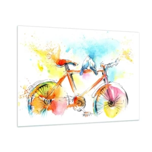 Cuadro sobre vidrio - Impresiones sobre Vidrio - Una bicicleta colorida con pájaros posados en el manillar. - 100x70cm - Dos en bicicleta - Decoración de pared moderna para salón y dormitorio ARTTOR