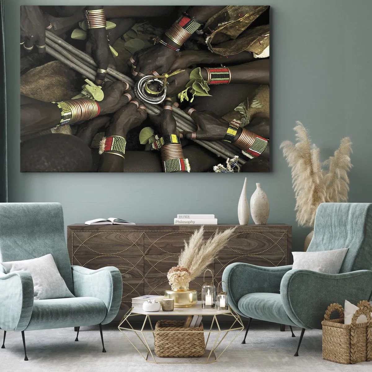 Cuadro sobre lienzo - Impresión de Imagen - Pulseras de mano tradicionales en un grupo de manos. - 70x50cm - Estamos juntos - Decoración de pared moderna para salón y dormitorio ARTTOR