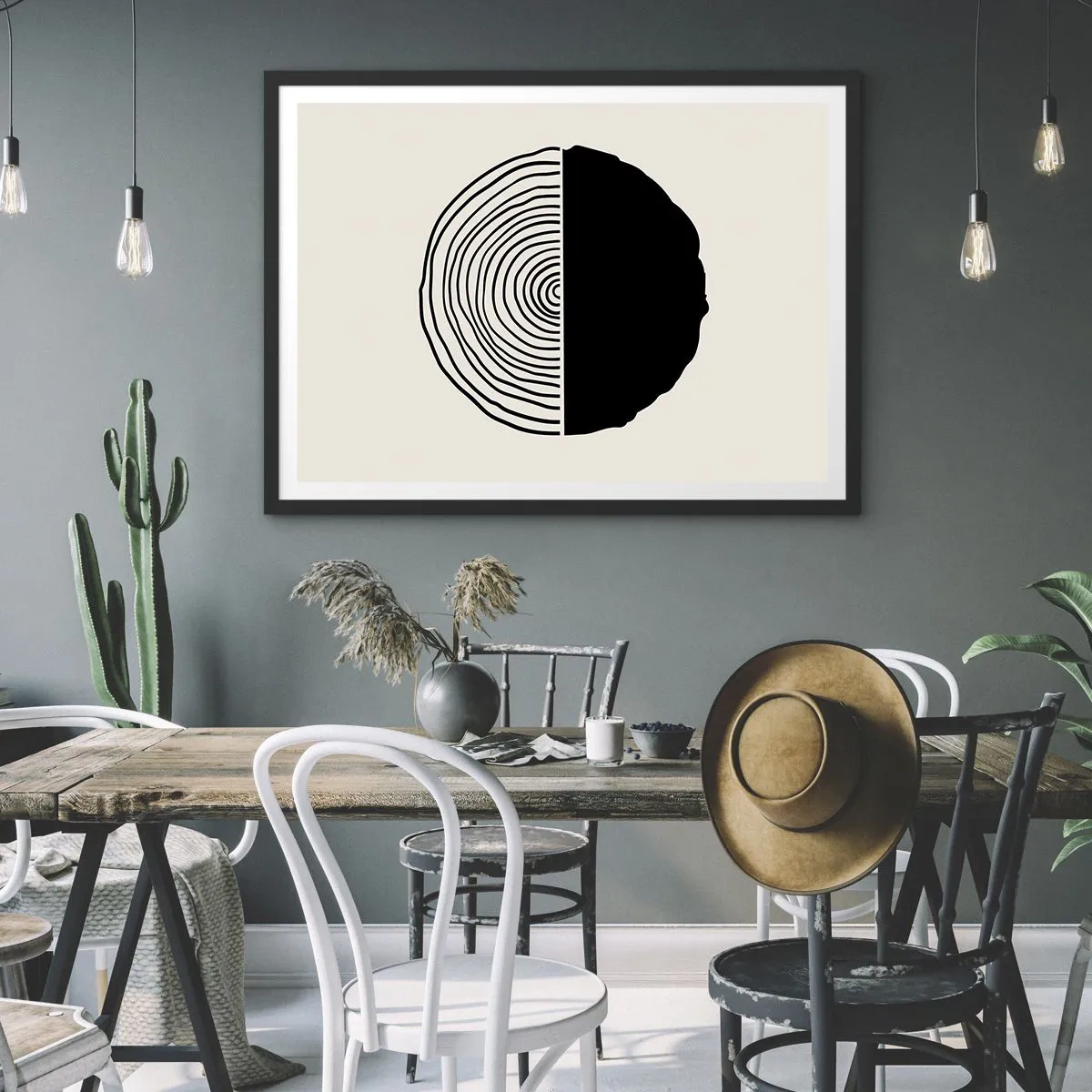 Póster en marco negro - Un motivo abstracto en blanco y negro inspirado en una sección transversal de madera con una división geométrica. - 70x50cm - Mitad y mitad - Decoración de pared moderna para salón y dormitorio ARTTOR