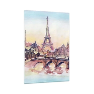 Cuadro sobre vidrio - Impresiones sobre Vidrio - Panorama de acuarela de París con la Torre Eiffel al atardecer - 70x100cm - Única en el mundo - Decoración de pared moderna para salón y dormitorio ARTTOR