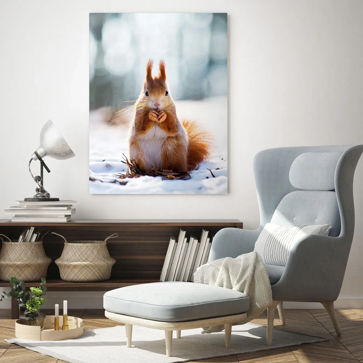 Cuadro sobre vidrio - Impresiones sobre Vidrio - Ardilla en la nieve con una nuez en el bosque invernal. - 50x70cm - ¿Qué estás mirando? - Decoración de pared moderna para salón y dormitorio ARTTOR