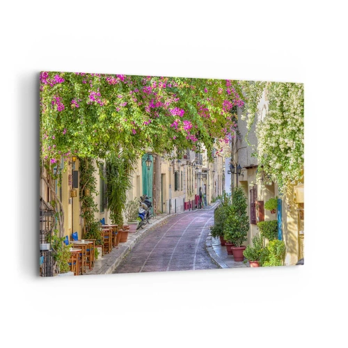 Cuadro sobre lienzo - Impresión de Imagen - Una calle encantadora con vides en flor y mesas de café. - 120x80cm - Un callejón floreciente - Decoración de pared moderna para salón y dormitorio ARTTOR