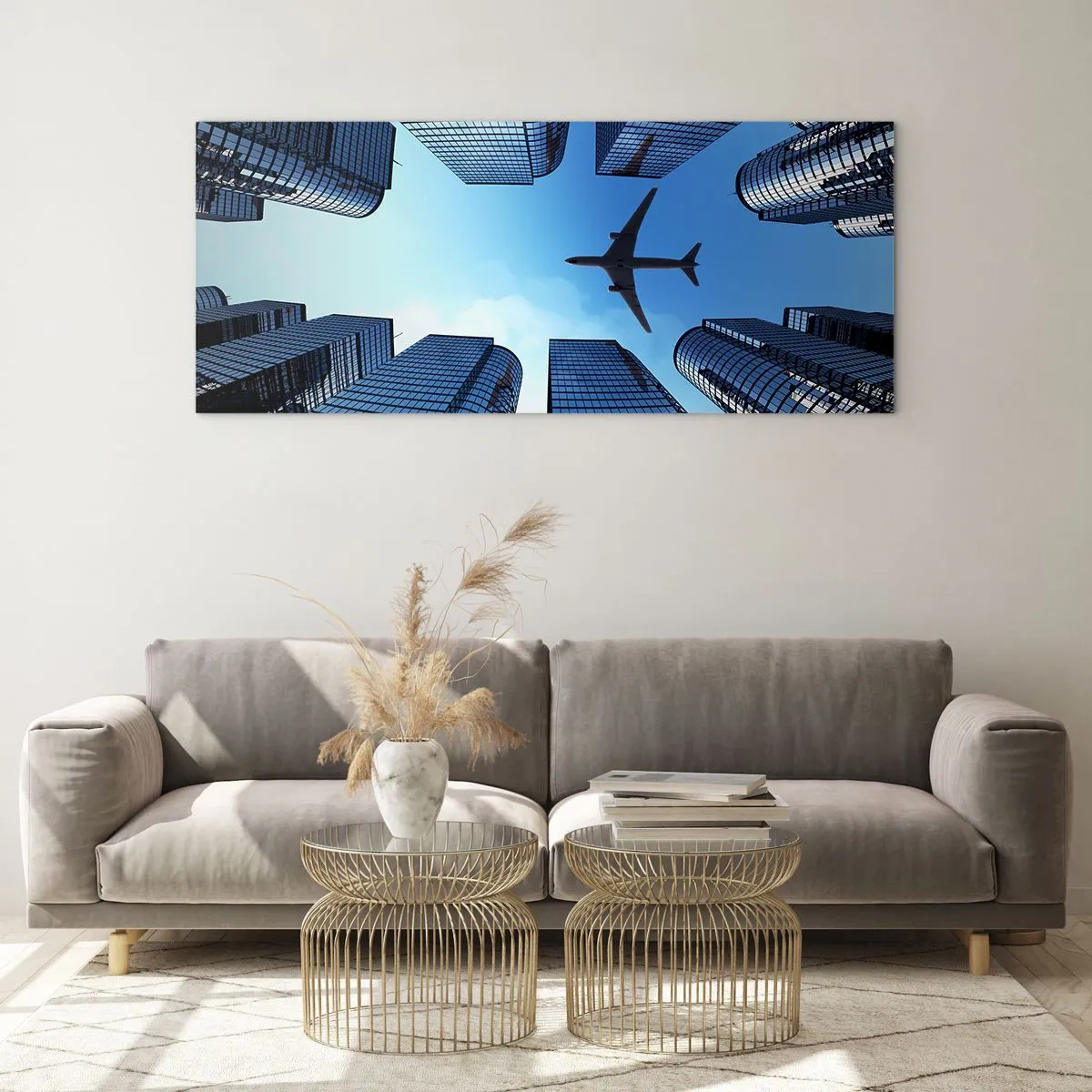 Cuadro sobre vidrio - Impresiones sobre Vidrio - Un avión volando sobre modernos rascacielos en el centro de la ciudad. - 160x50cm - La vista desde el abismo de cristal - Decoración de pared moderna para salón y dormitorio ARTTOR