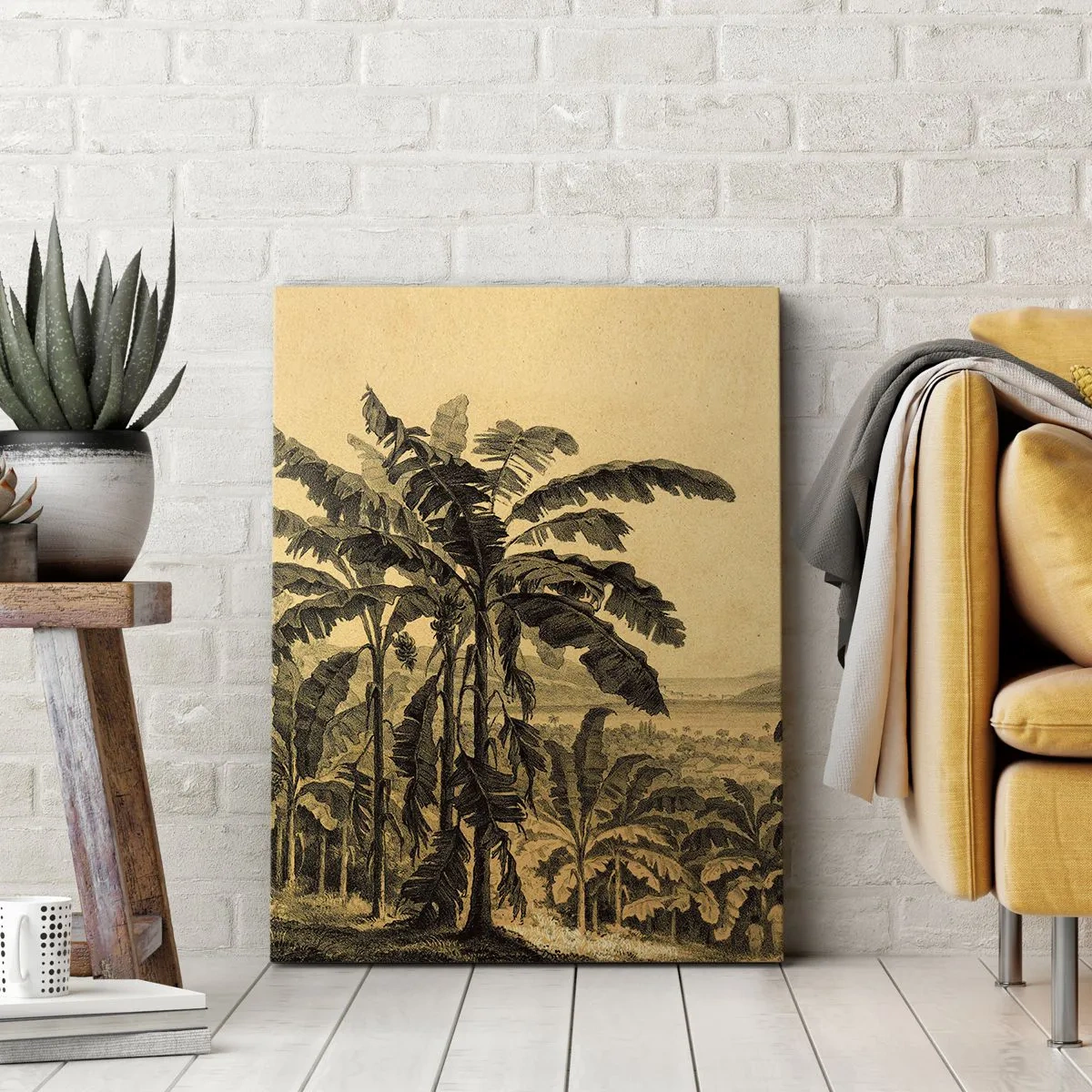 Cuadro sobre lienzo - Impresión de Imagen - Dibujo de árboles de plátano sobre un fondo de paisaje tropical. - 50x70cm - En un ambiente colonial - Decoración de pared moderna para salón y dormitorio ARTTOR